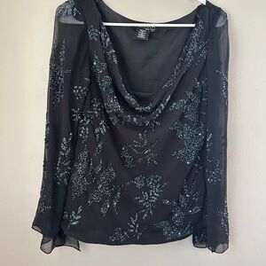 JKara Women's Beaded Sequin Cowl Neck Long Sleeve Top Vintage M